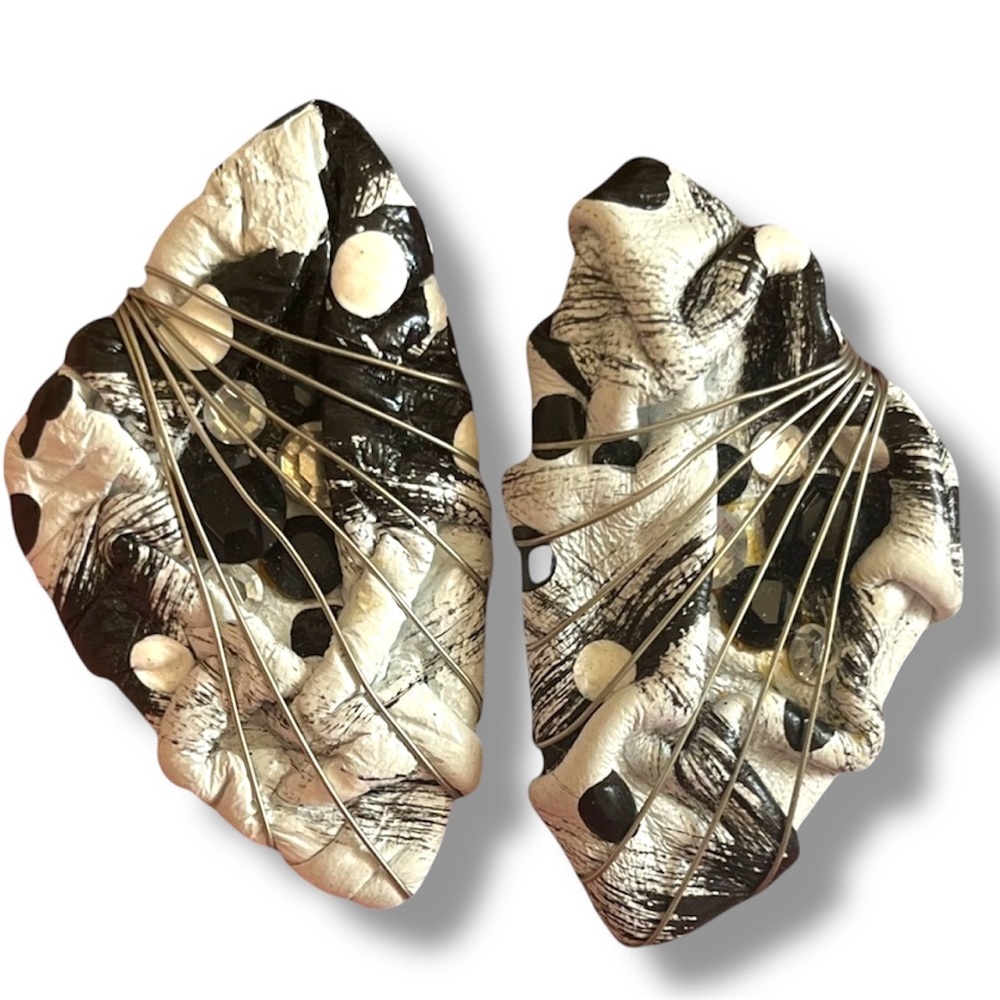 Clip On Earrings Abstract Black White Memphis Style Leather Wire 80s Handcrafted